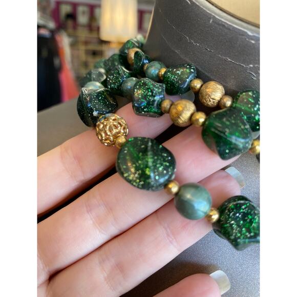 vintage 1950s green glitter multi-strand necklace, 50s costume jewelry set, nye - Picture 4 of 9